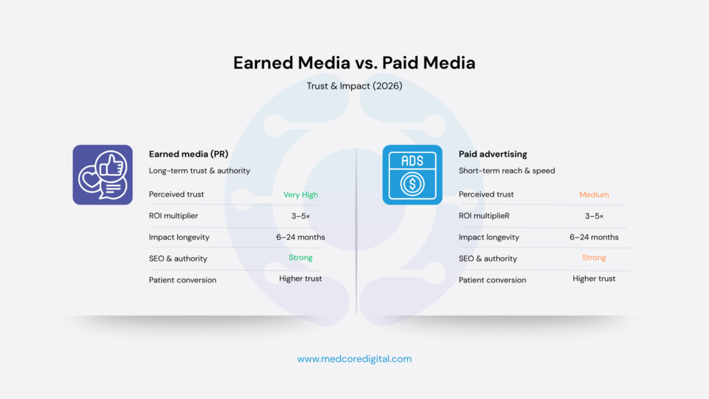 Table: Earned Media vs. Paid Media Trust & Impact in Healthcare (2026)